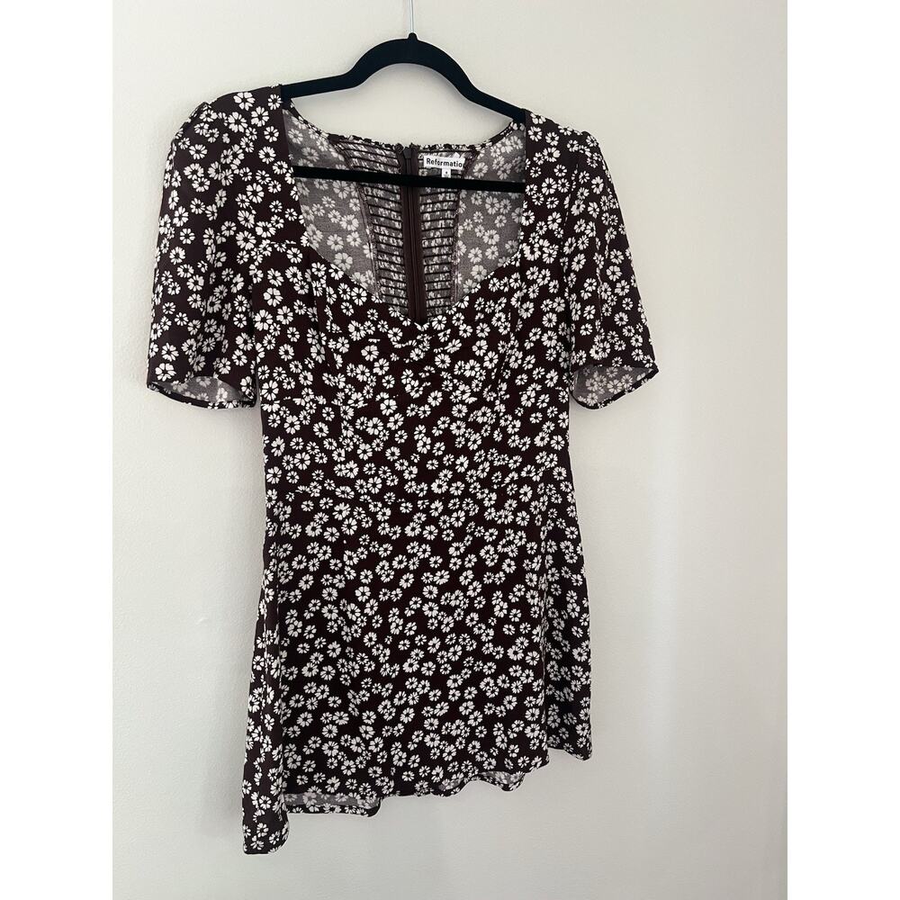 Reformation Brown Floral Smocked Puff Sleeve Brittany Mini Dress Size 8 - Picture 4 of 7